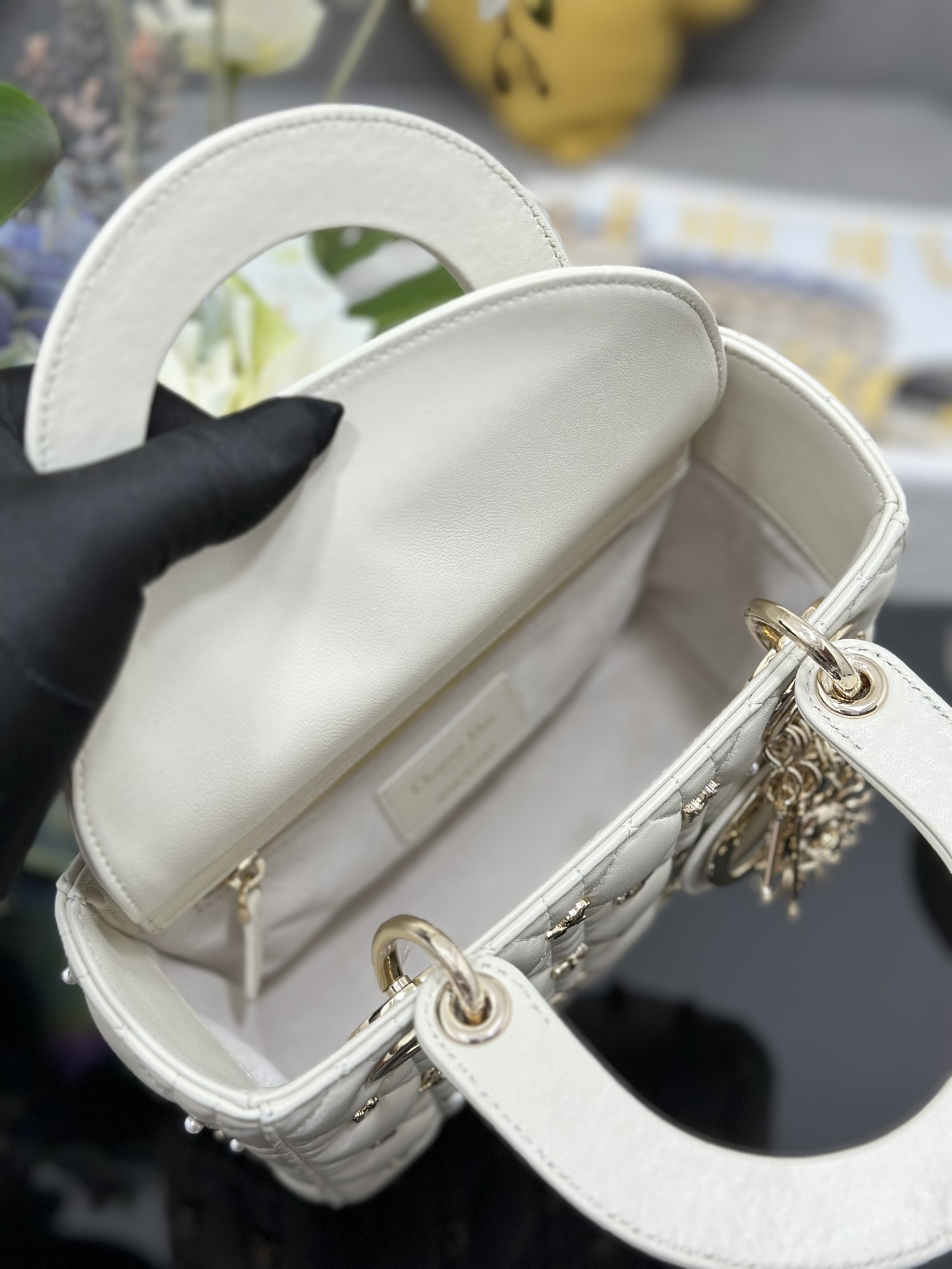 Small Lady Dior Bag White Lambskin with Star Sign Nail